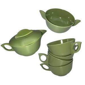 Vintage Melamine 7-Pc Set Avocado Green Cups (#108) Bowl (#106) Creamer (#107)
